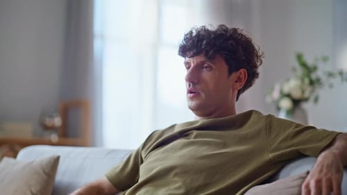 Tired Brunette Falling Couch Feeling Exhausted Closeup Guy Taking Break at Home