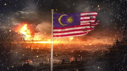 Distressed Flag Waving Over Ruined City Scene