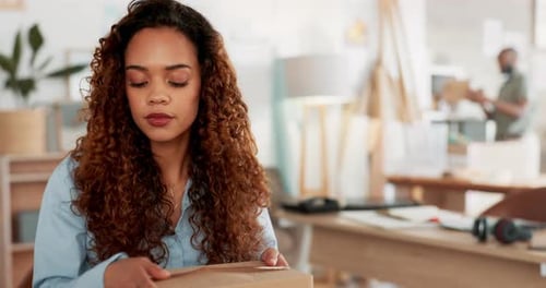 Business owner, package boxes and e commerce delivery, supply chain and courier product in shop