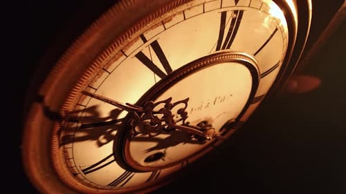Vintage Clock Face with Moving Hands Close Up