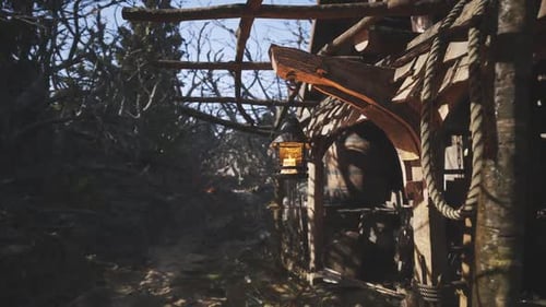 Rustic Lantern Hangs Outside Old Wooden Structure in a Serene Forest Setting