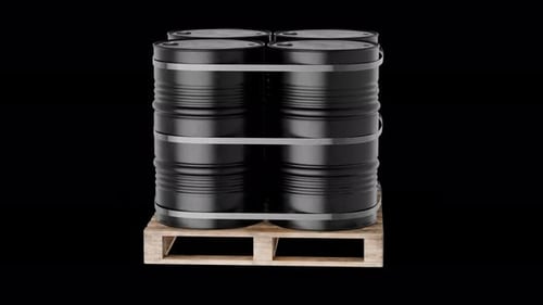 Black metal barrels rotating on a wooden pallet. Black metal barrels containing oil, fuel, gasoline,