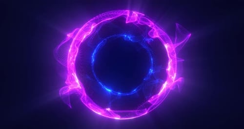 Abstract neon energy sphere made of particles, glowing spherical ball emits rays of light