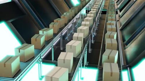 3D-Animationsschleife von Kartons auf einem Fördersystem in einer modernen Fabrik