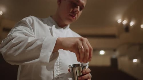 Skilled Cook Cooking Salad On Stage Of Theatre Portrait Indoors Catering By Luxury Restaurant