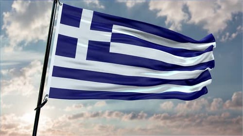 Realistic Waving Greek National Flag with Sky Background