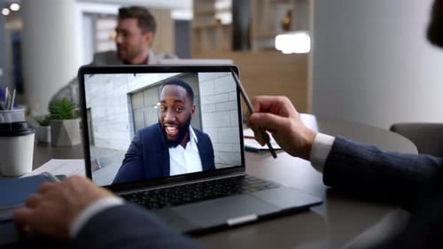 Business Manager Talking Laptop Screen in Corporate Coworking Office Close Up