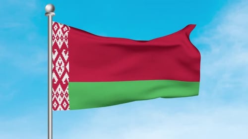 Realistic Belarus Flag Waving Animation on Pole Against Sky