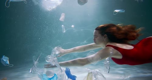 Filmmusik Unterwasser-Ansicht von der Seite, junge, schöne Touristin schwimmt durch Plastikmüll
