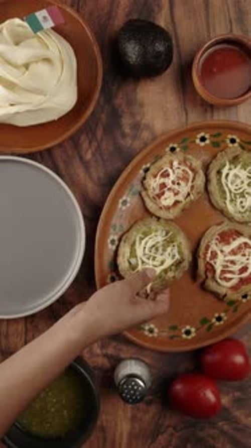 Vertical Food Video, A Happy Mexican Woman Eating Sopes, Traditional Mexican Food