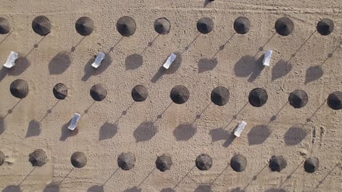 Aerial top view of beach umbrellas and sunbeds