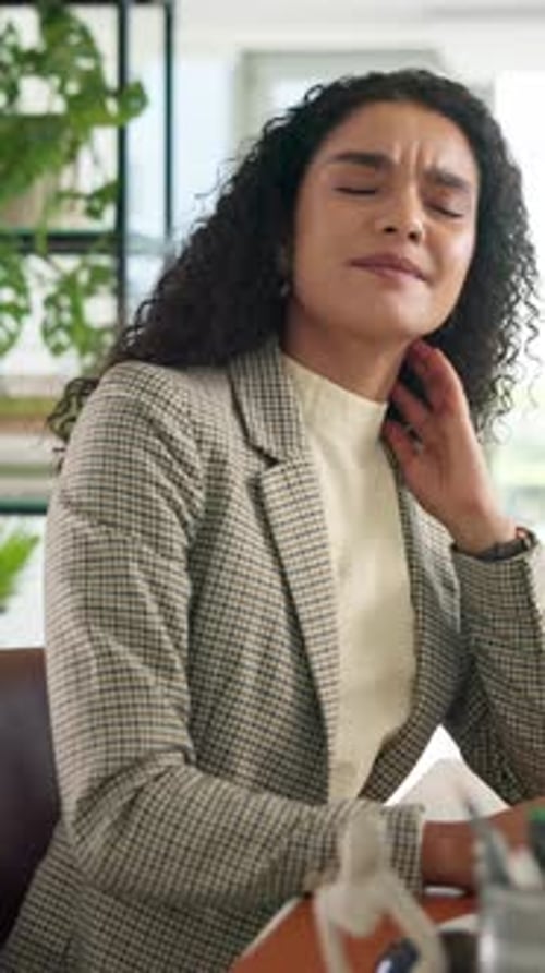 Business, woman and massage with neck pain in office for burnout, overworked and spine injury