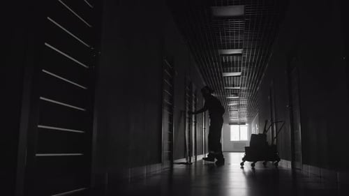 Silhouette de concierge dansant dans un couloir sombre