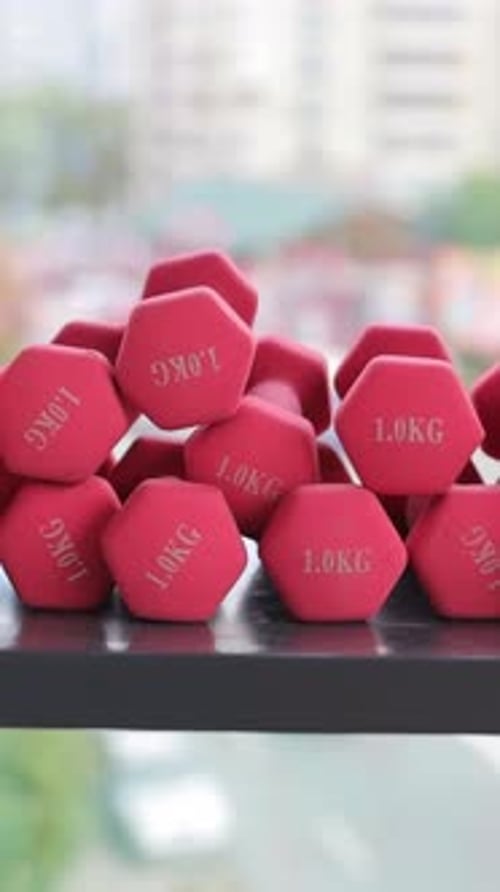 View of Red Dumbbells Gym Sport and Healthy Lifestyle Concept Vertical Video