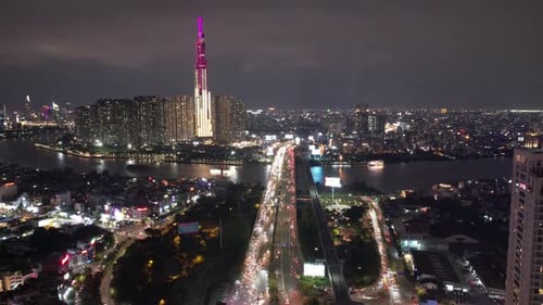 4k Aerial drone hyperlapse of ho chi minh city during the night skyscrappers Vietnam