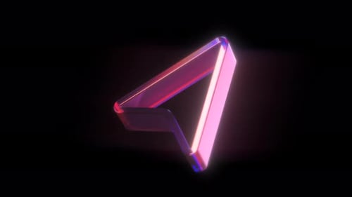Spinning Iridescent Glass Arrow Icon in Outline style On Alpha Loop in pink, blue and orange lights