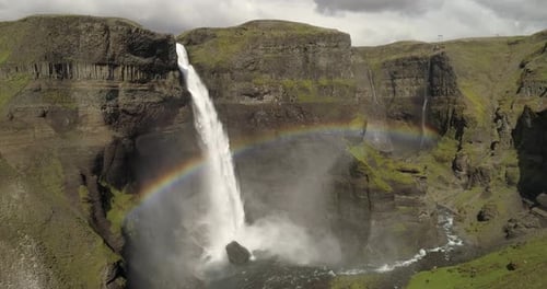 Aerial view over Rainbow at haifoss Waterfall, Iceland