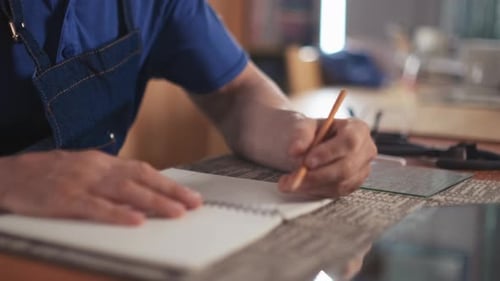 Man Writing in Notebook With Pencil Indoors