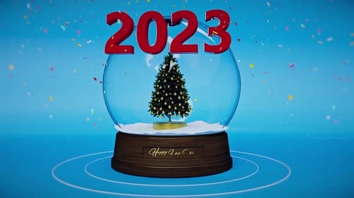 Glass snow ball 3d Realistic Merry Christmas . Happy New Year Greeting Card 2023