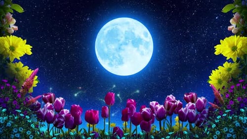 Glowing Blue Full Moon and Starry Night with Lush Flowers