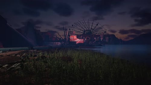 Dark Post-Apocalyptic Cityscape with Abandoned Ferris Wheel