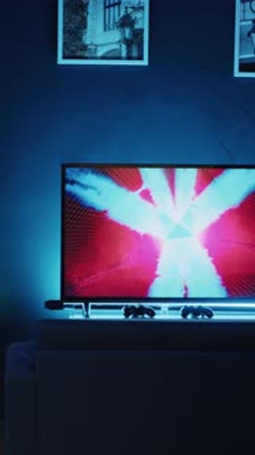 Vertical Video Empty Home Studio Illuminated with Neon Lights Used for Internet Video Production