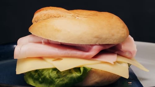 Bagel Sandwich Brunch Lunch Plate of a Bagel with Smoked Salmon and Cream Cheese and Ham Close Up