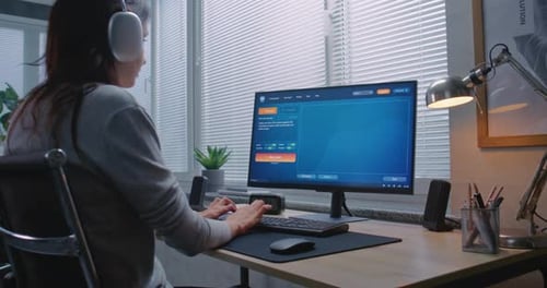 Adult Woman in Headphones Types Text in AI Video Generator on PC