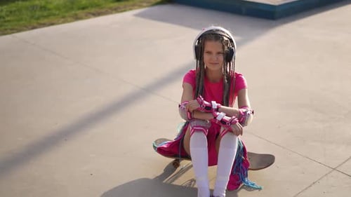 Satisfied Caucasian Teen Girl Smiling Sitting on Skateboard in Headphones Enjoying Hobby High Angle