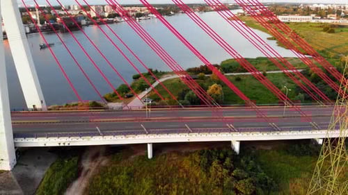 Aerial shot of Cable-Stayed Bridge On Motława River In Gdansk, Poland
