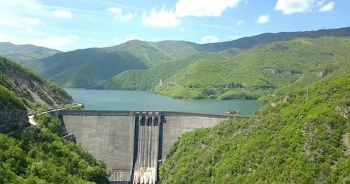 Reservoir Dam Lake Vacha River Bulgaria during spring footage made with drone, Rhodopa Mountains and