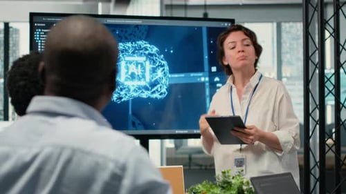 Business Presentation with AI Brain Diagram on Screen