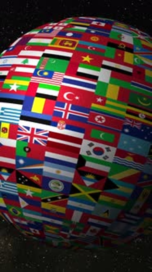 Spinning World Globe Covered in International Flags