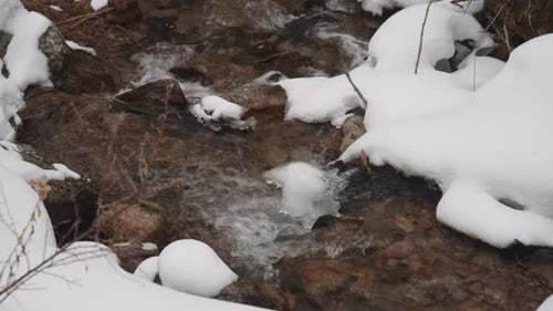 Mountain stream flowing through snowy rocks