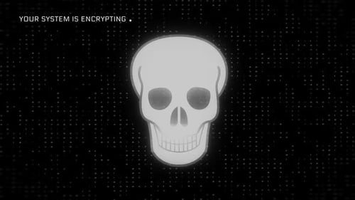 Digital Skull Encryption Glitch Display for Cyber Security Warning