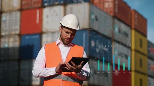 Man in hard hat and uniform is standing outdoors against containers and using a tablet.
