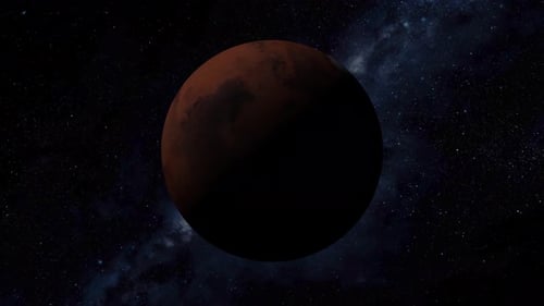 Animation of Mars planet seen from space, Asteroids Cloud and cosmos, stars milky way. 2199