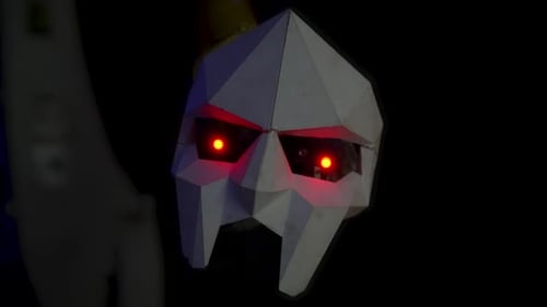 Closeup of Spooky Robot with Red Glowing Eyes During Halloween Night