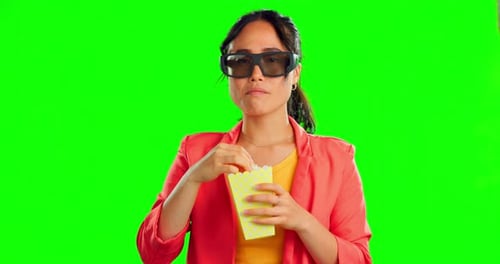 Green screen film and woman in glasses, 3d cinema experience and eating popcorn isolated on studio