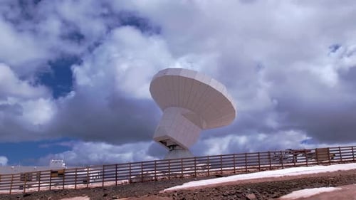 Space research radio telescope. Aerial travelling shot. Sierra Nevada. Spain.