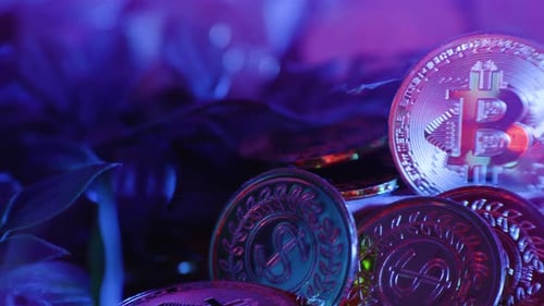 Silver Bitcoin currenty coins, Digital money, banking, investment, finance and business.