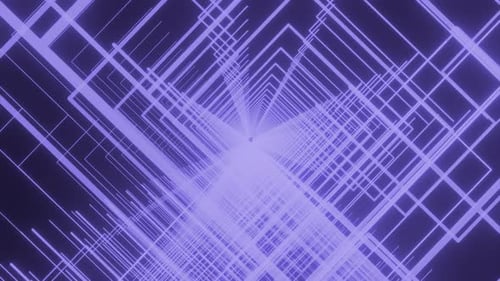 Neon Tunnel of Spinning Squared Silhouettes on a Dark Background