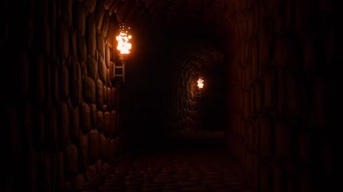 Dark stone medieval tunnel lit by flickering torches
