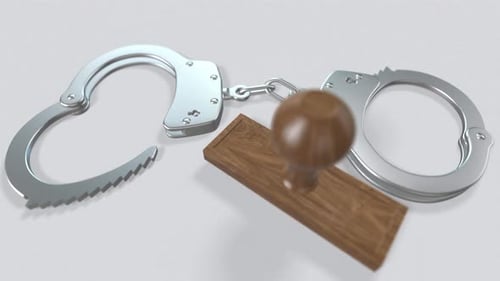 Handcuffs and Fraud Red Stamp Legal Justice Concept