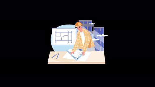 Arquitecto analizando el plano para un proyecto de construcción urbana en una ilustración de estilo moderno