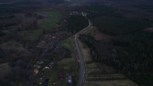 Birdseye View of Road Cutting Through Lush Green Forest in Natural Landscape