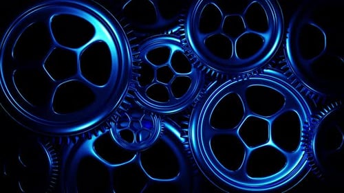 Blaue Zahnräder sorgen für reibungslose Rotation mit Alphakanal-Loop-3D-Rendering. Abstrakter Arbeitsablauf. Komplexer Mech