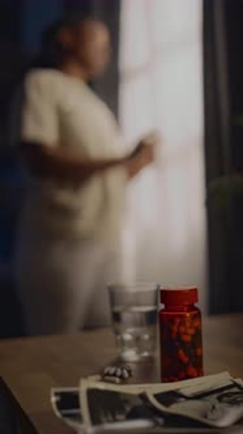 Person Standing by Window at Night with Pills