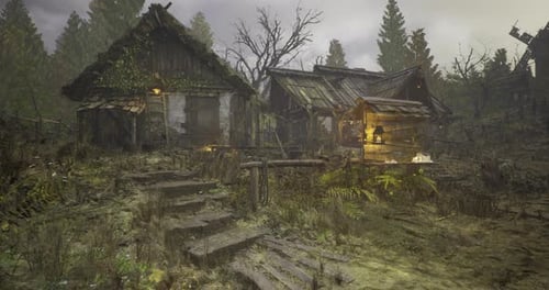 Mysterious Abandoned Village Hidden in the Foggy Forest at Twilight