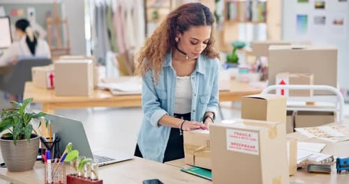 Woman, boxes and laptop for logistics, e commerce and stock management, online shop